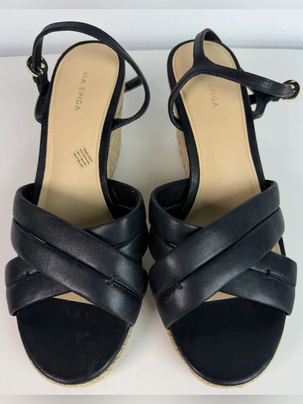 Via Spiga Inna 8 Black Leather Open Toe Woven Espadrille Platform Wedge Sandals